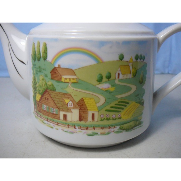 Vintage Ceramic Farmland Rainbow Tea Pot China  with Gold Trim - Picture 2 of 8